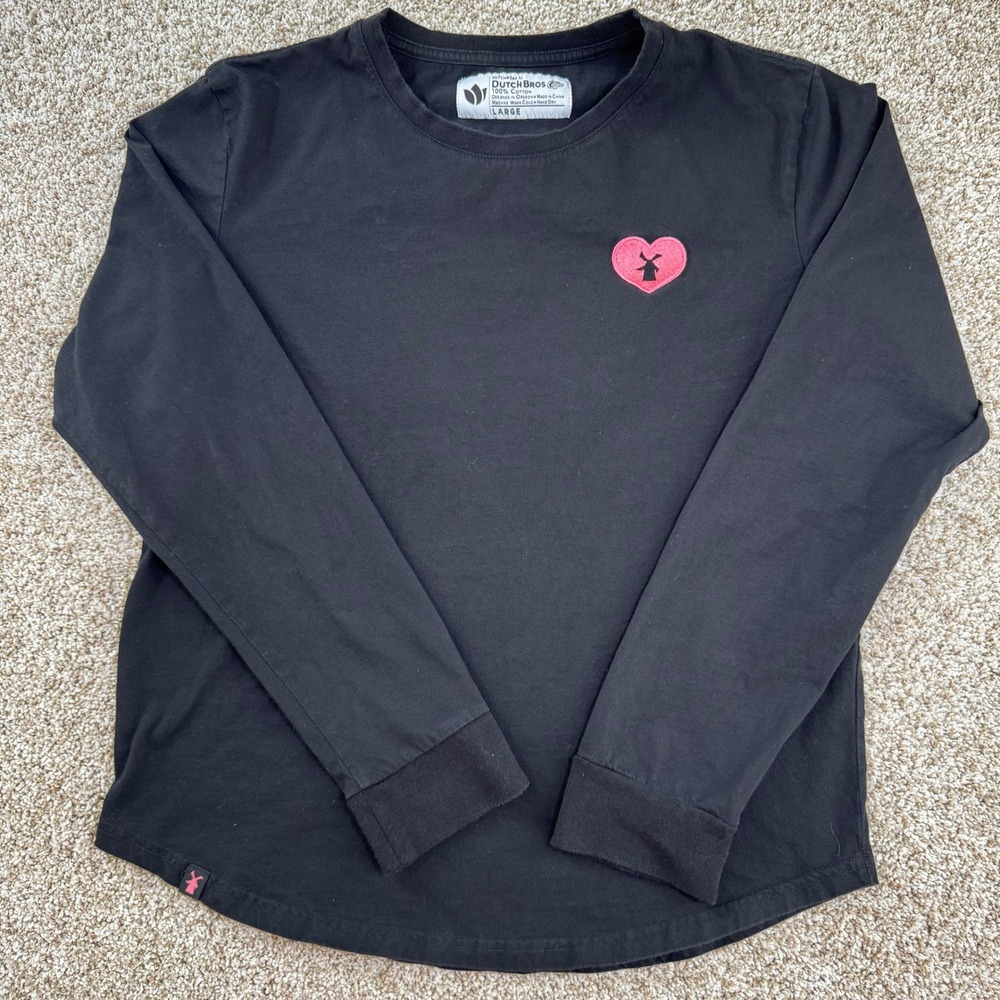 Womens Dutch Bros Size L Coffee Black Long Sleeve Shirt Heart Windmill Logo